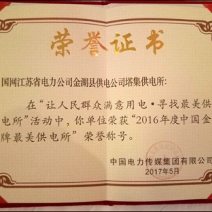 江苏省金湖县塔集供电所喜获“中国金牌最美供电所”